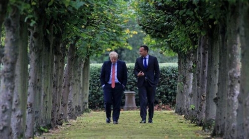British Prime Minister Boris Johnson and Irish Taoiseach Leo Varadkar discussing the backstop at Wirral last Thursday.