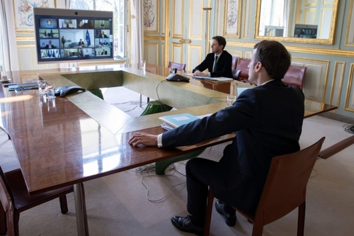French President Emmanuel Macron participating from the Elysée in yesterday’s European Council video conference.