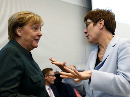 German Chancellor Angela Merkel and CDU chair Annegret Kramp-Karrenbauer at Feb. 11 meeting of CDU Bundestag group.