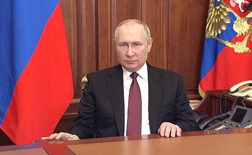 Russian President Vladimir Putin speaking to the Russian people this morning as the invasion of Ukraine began.