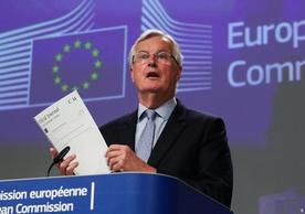 EU chief negotiator Michel Barnier, holding a copy of the EU-UK Political Declaration and speaking today after the conclusion of this week’s negotiations with the UK.