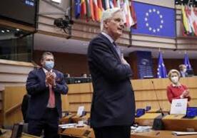Michel Barnier, the EU’s chief negotiator, at the European Parliament Tuesday as it voted to approve the EU-UK Trade and Cooperation Agreement.