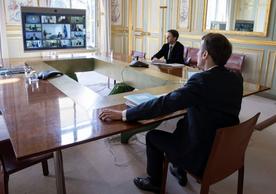 French President Emmanuel Macron participating from the Elysée in yesterday’s European Council video conference.