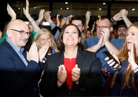 Mary Lou McDonald, the leader of Sinn Féin, celebrating the party’s vote at the counting center Sunday evening.