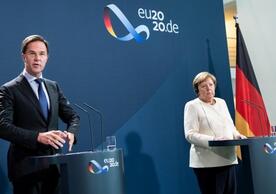 Dutch Prime Minister Mark Rutte and German Chancellor Angela Merkel after discussing the recovery plan in Berlin on July 9.