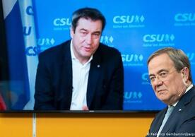Markus Söder, leader of the Bavarian CSU (on screen), and Armin Laschet, recently-elected leader of the German CDU.