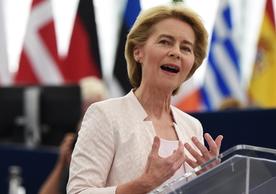 Ursula von der Leyen addressing the European Parliament Tuesday prior to the debate and vote on her candidacy for Commission president.