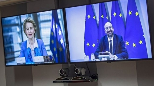 European Commission President Ursula von der Leyen and European Council President Charles Michel in their video conference today with British Prime Minister Boris Johnson.