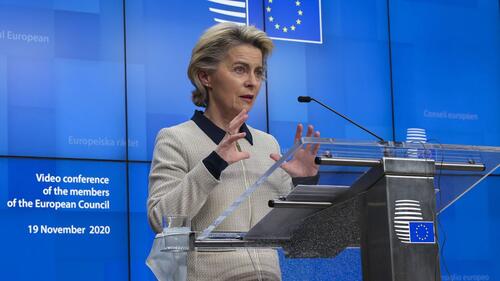 Commission President Ursula von der Leyen speaking at the European Parliament yesterday as Polish Prime Minister Mateusz Morawiecki (on the right) listens.